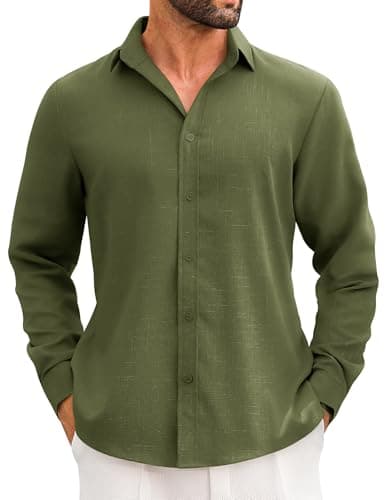 LETSEE Men's Linen Blend Button Down Shirt – Lightweight Long Sleeve Casual Shirt for Beach, Vacation & Wedding Army Green - Image 1