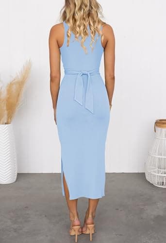 HUUSA Women's Sexy Sleeveless Hollow Out Slim Bodycon Dress Casual Crewneck Crisscross Twist Ruched Slit Ribbed Knit Tank Midi Dress Cocktail Party Long Dresses Light Blue M - Thumbnail 4