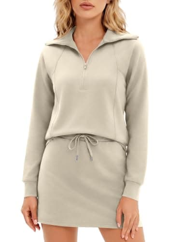 Casly Lamiit 2 Piece Skort Sets for Women Tennis Athletic Skirt Sweatsuits Casual Long Sleeve Sweatshirts Fall Matching Sports Outfits Dark Beige S - Image 1
