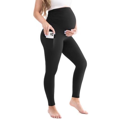 Leafigure Womens Maternity Leggings with Pockets, Pregnancy Buttery Soft Yoga Workout Pants Black XX-Large - Image 1
