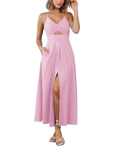 BTFBM Women 2026 Spaghetti Strap Midi Summer Dresses Sleeveless V Neck Cutout Slit Casual Beach Party Maxi Dress Pockets(Pink, X-Large) - Image 1