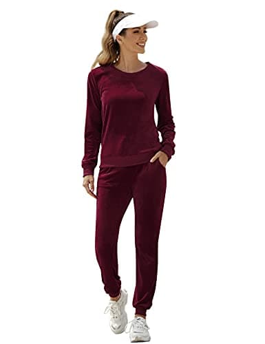 Totatuit Womens 2 Piece Velour Tracksuit Long Sleeve Pullover Sweatpants Sweatsuits Casual Jogger Set Wine Red X-Small - Image 1