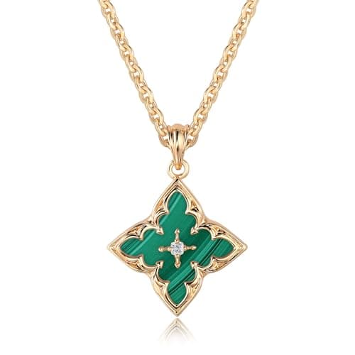 Fettero Gold Clover Necklace for Women Dainty 14K Gold Plated CZ Pendant Necklace Charm Colorful Clover Pendant Lucky Necklaces for Women Jewelry - Malachite-green Stone - Image 1