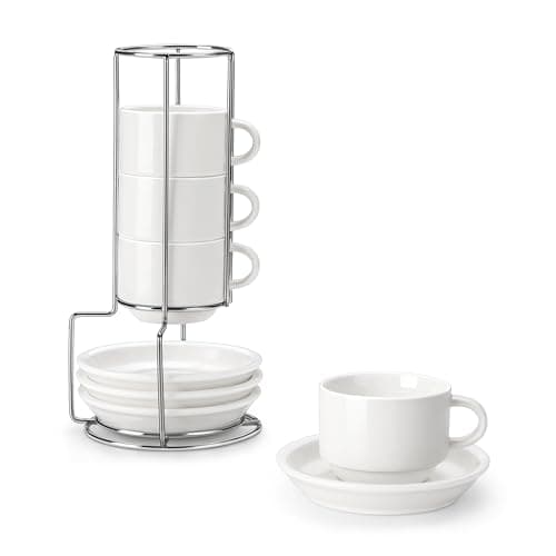 MALACASA 4 OZ Porcelain Espresso Cups with Saucers and Metal Stand Set of 4, Stackable Cappuccino Cups, White Expresso Shots Cup Set for Coffee Drinks, Latte, Tea - Image 1