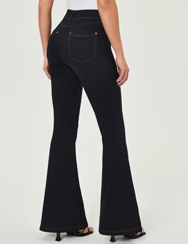 IUGA Bell Bottom Jeans for Women High Waisted Stretchy Pull On Flare Jeans Wide Leg Leggings Tummy Control Flare Pants Black - Thumbnail 2