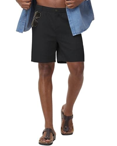 ZKMAN Mens Linen Shorts Casual Zipper Button Elastic Waist Drawstring Breathable Beach Shorts with Pockets(Black L) - Image 1