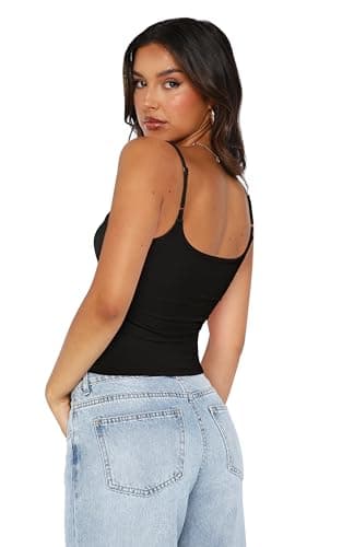 REORIA Womens Sexy Square Neck Tank Tops Adjustable Cami Tank Summer Basic Double Lined Sleeveless Shirts Y2K Trendy Going Out Tops, Black Large - Thumbnail 4