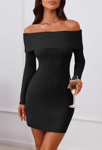 MEROKEETY Women's Sexy Off Shoulder Sweater Dress 2026 Winter Spring Long Sleeve Bodycon Club Night Out Mini Dresses, Black, Small - Thumbnail 2