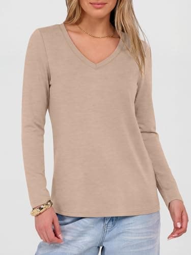 ANRABESS Women's Long Sleeve Shirts V Neck Top, Almond, XXL - Thumbnail 5