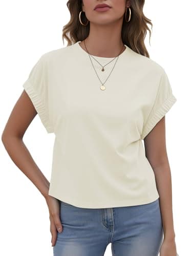 Womens Summer Crop Tops Cap Sleeve Tshirt Summer Crew Neck Solid Color Shirts Apricot