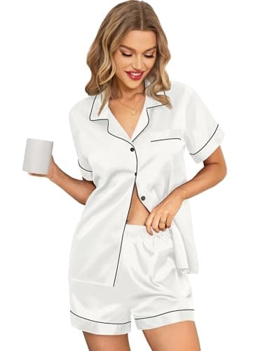 Leikar Silk Pajamas For Women Shorts Set Bride Pajamas Button Up Pjs Sleepwear S White - Image 1
