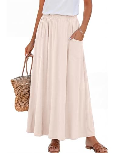 ANRABESS Womens Maxi Skirt Summer Casual Flowy A-line Elastic Waist Beach Long Skirts with Pockets Spring Vacation Clothes Apricot Large - Image 1