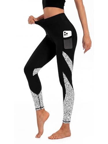 PEFYERVERY Women's High Waisted Yoga Leggings - Leopard Block Print Phone Pockets Tummy Control Workout Casual Pants White S - Image 1