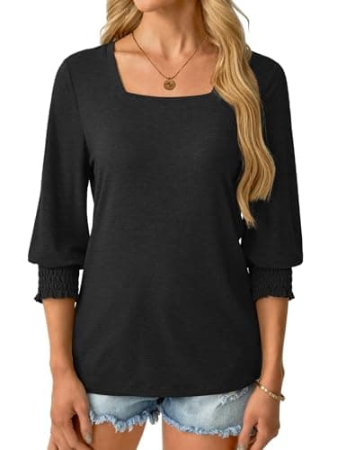 GKBK Womens 3/4 Sleeve Shirts Square Neck Dressy Casual Blouses Spring Summer Smocked Cuffs Tops A- Black - Thumbnail 2