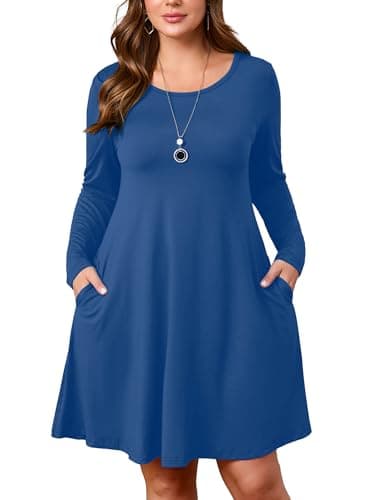 AusLook Women's Plus Midi Dress Long Sleeve Crew Neck A-Line Casual Swing Flowy Floral Vacation Boho Fall Maternity Wedding Guest Work Blue 2X 2025 Dresses - Image 1