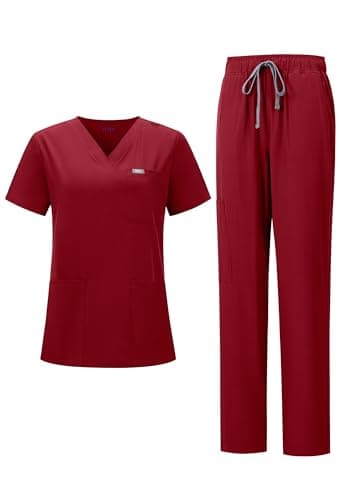 YEZEX Women's Scrub Set, V-Neck Top & Straight Leg Pants w/ 6 Pockets, Medical Scrubs Top & Pants