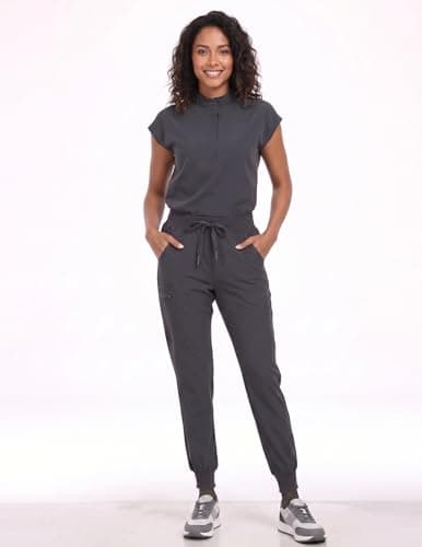 VECARDI Women's Scrub Jogger Pants High Waisted Stretch Nurse Work Bottoms 5 Pockets Elastic Waist Slim Fit Grey - Thumbnail 6
