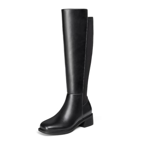 Athlefit Black Knee High Boots for Women Chunky Low Heel Square Toe Leather Riding Tall Boots Stretchy Fall Work Long Booties 8.5 - Image 1