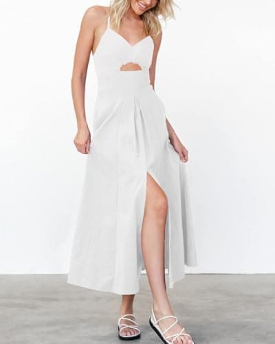 BTFBM Women 2026 Spaghetti Strap Midi Summer Dresses Sleeveless V Neck Cutout Slit Casual Beach Party Maxi Dress Pockets(White, Medium) - Thumbnail 4