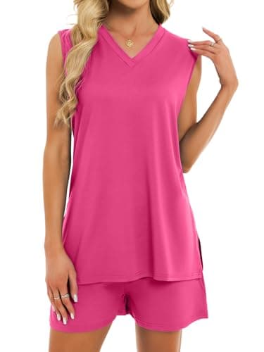 VUTRU Set For Womens 2 Piece Summer Outfits Matching V Neck Tank Top and Shorts with Pockets Lounge Beach Vacation Casual Rose Red S - Image 1