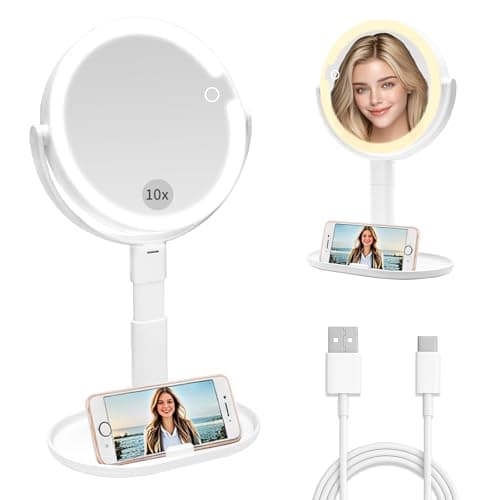 Makeup Mirror with Lights, 80 LED Dual-Sided Lighted Makeup Mirror with Magnification, Desk Mirror (1X/10X) with 3 Color (4000K-8000K) & Touch Dimmer, Rechargeable 2000mAh Battery, Gift for Women