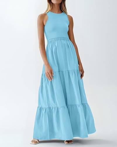 BTFBM Women Sleeveless Summer Dresses Wedding Guest Maxi Dresses Ribbed Knit Tops and Polyester Skirt with Pockets(Solid Light Blue,Medium) - Thumbnail 2