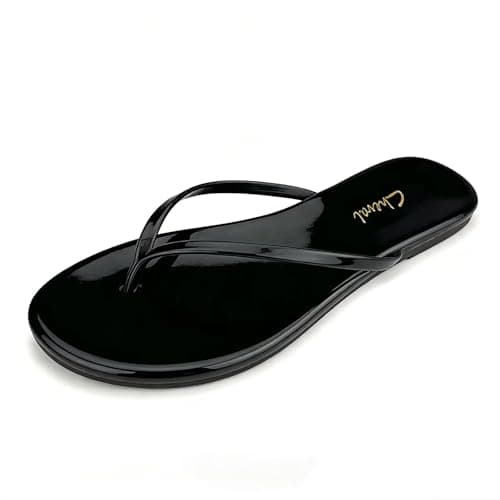 Scecocrs Women’s Flat Flip Flops, Fashion Casual Thong Walking Slide with Vegan Leather, Comfortable Summer Beach Sandals for 2026 Indoor and Outdoor Black Patent - Image 1