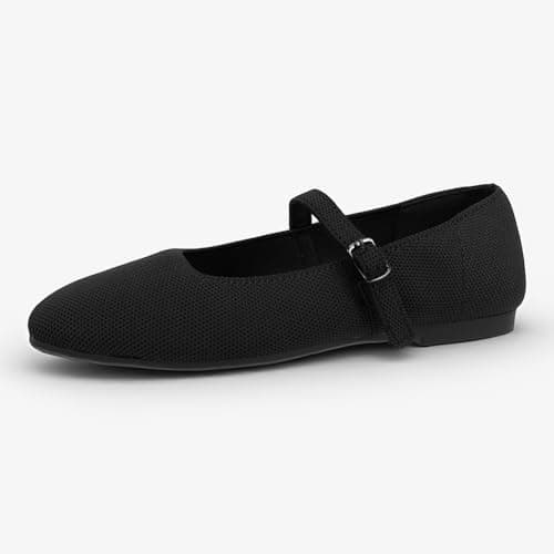 VUN Knit Flats for Women - Square Toe Ballet Flats with Adjustable Ankle Strap and Arch Support, Mary Jane Shoes for Dressy Office & Casual Comfort (Black,9) - Thumbnail 4