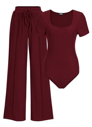 BTFBM Womens Summer 2 Piece Outfits 2026 Square Neck Short Sleeve Drawstring Pants Knit Spring Lounge Matching Sets(Wine Red, Small) - Image 1