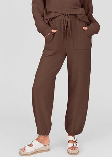 KIRUNDO Lounge Sets for Women 2026 Spring Airport Travel Outfits Ribbed Knit Tops Jogger Pants Tracksuit Postpartum Comfy Set(Coffee, Medium) - Thumbnail 5