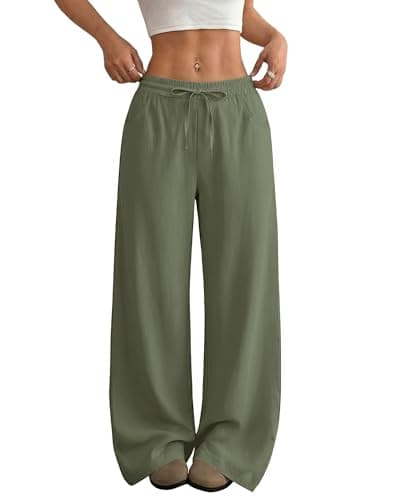 JEKAOYI Wide Leg Pants for Women Flowy Palazzo Drawstring Elastic Waist Trousers with Pockets Summer Beach Vacation Pants Grey Green - Thumbnail 2