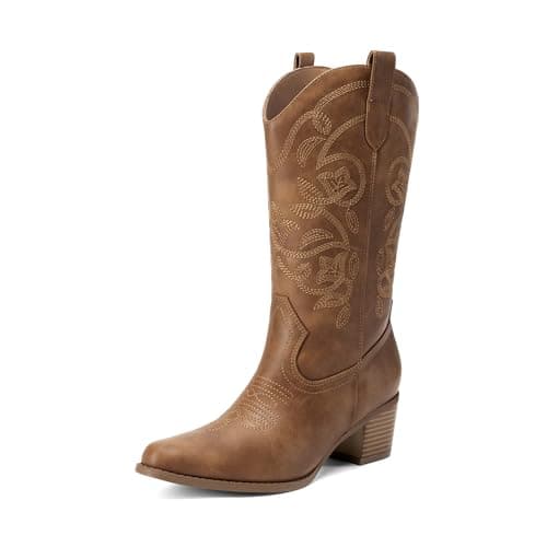 DREAM PAIRS Cowboy Boots for Women Cowgirl Western Boots Fashion Embroidery Stitched Chunky Heel Mid Calf Boots,Size 11,Tan,DWUMMB2504 - Image 1