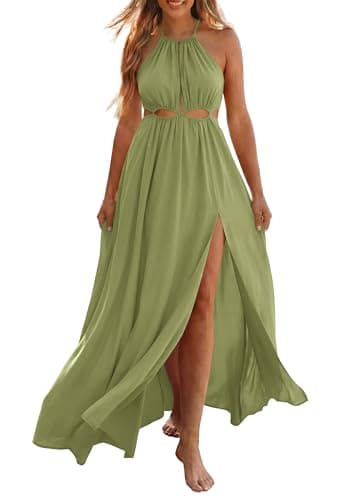 BTFBM Women Halter Summer Dresses 2026 Sleeveless Cutout Backless Sundress Slit Boho Maxi Beach Wedding Guest Dress(Green, Small) - Image 1