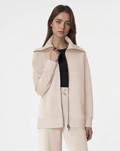 COCOMARTS Womens Crewneck Sweatshirts Zip Up Hoodies Casual Jacket with Pockets 2025 Fall Winter Fahsion Outfits Clothes Apricot Small - Thumbnail 3