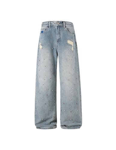 Aelfric Eden Rhinestone Wide Leg Jeans High Waisted Loose Streetwear Straight Baggy Denim Pants Vintage Y2K Trousers Blue
