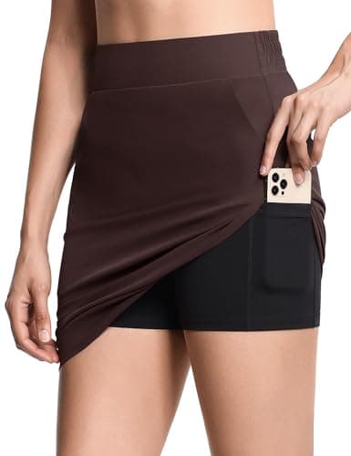 THE GYM PEOPLE Women's Golf Skorts Modest Knee Length Athletic Tennis Skirts Built-in Shorts with 4 Pockets Brown - Thumbnail 4