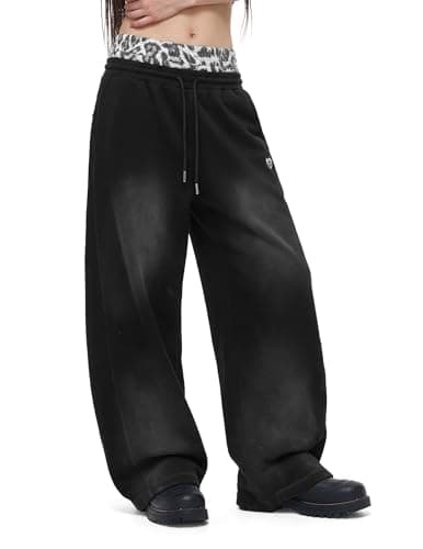 Aelfric Eden Leopard Double Waist Baggy Sweatpants Wide Leg Trouser Casual Lounge Pants with Pockets Unisex Black M - Thumbnail 2
