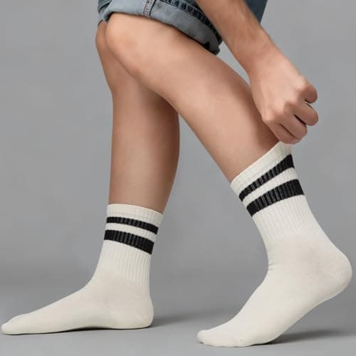 Kagcre Cotton Cushioned Crew Socks 5 Pairs, Women Men Athletic Casual Socks, Striped Retro Socks, Cozy Soft Moisture-Wicking Socks for Gym, Work, Everyday (Black+White) - Thumbnail 2