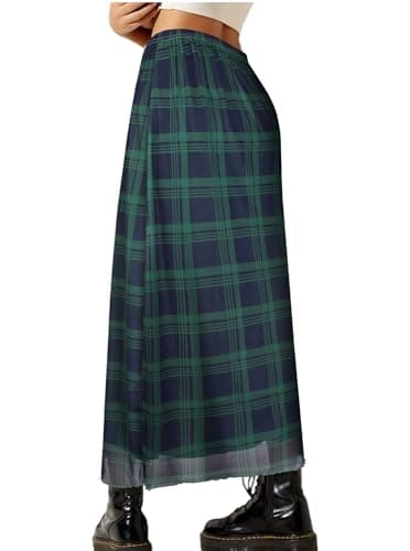 Avanova Women Plaid Gingham Checkered Mesh High Waisted Midi Skirts Flowy Summer Long Skirts Green Plaid Small - Thumbnail 2