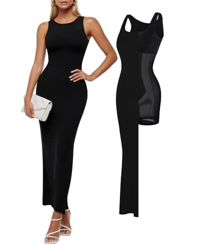 Popilush Maxi Dresses for Women Built-in Bra Shapewear Bodycon Modal Long Dress Tummy Control Fit Casual Formal Dresses Black XX-Large - Thumbnail 2