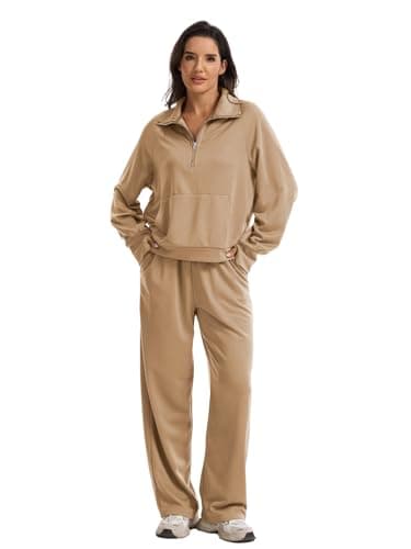 Anyshe Women's 2 Piece Sweatsuit Set Lounge Set Half Zip Sweatshirt with Kangaroo Pocket Thumb Holes Wide Leg Drawstring Pants Casual Tracksuit for Travel Daily Wear, Khaki, Medium - Thumbnail 5