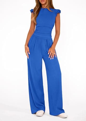 KIRUNDO Two Piece Sets For Women Dressy 2026 Summer Cap Sleeve Cute Tops Wide Leg Pants Spring Matching Set Vacation Outfits(Blue, X-Large) - Thumbnail 5