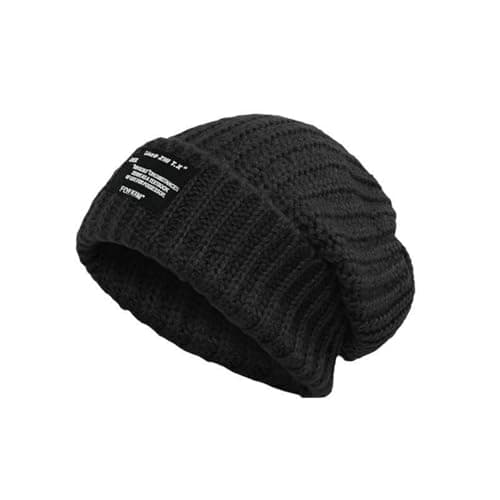 BSHITWO Wool Beanie for Women, Winter Hat Soft Warm Fleece Knit Cap with Letters, Windproof Cold-Proof, Slouchy Cuffed Less Static, Comfortable Snow Cap for Daily Wear, One Size, Black - Image 1