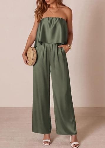 KIRUNDO Jumpsuits For Women Dressy 2026 Summer Satin Strapless Romper Flowy Tube Top Spring One Piece Vacation Outfits(Army Green, Small) - Thumbnail 3