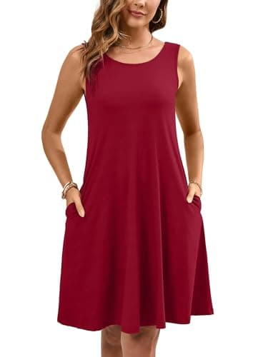 Heymoments Women Summer Dress Burgundy Small Sleeveless Crewneck Casual Cute Loose Fitting Tank Sundress Comfy Swing Midi Flowy A Line Trendy Beach Vacation Teacher Dresses with Pockets - Image 1