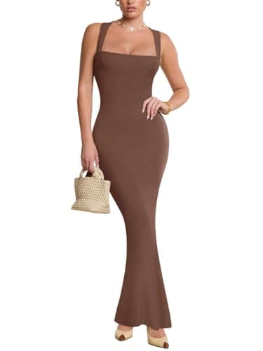 REORIA Basic Sexy Square Neck Sleeveless Formal Bodycon Long Maxi Dress Wedding Guest Dresses for Women Slimming Lounge Ribbed Full Length Dresses 2026 Summer Coffee Small - Thumbnail 5