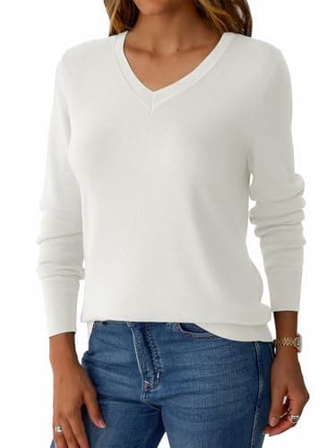 GKBK Sweaters for Women Wool Blend Lightweight Loose Fit Sweater V Neck Knit Pullover Long Sleeve Tops Business Casual Outfits 2026 Fall Fashion Must Have Winter Clothes Trendy White - Thumbnail 5