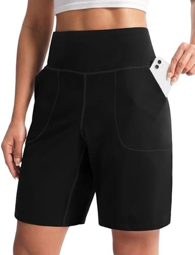 Cyasundent Women's Athletic Shorts with Zipper Pocket 9" High Waisted Bermuda Shorts for Women Workout Walking Running(Black_M) - Image 1