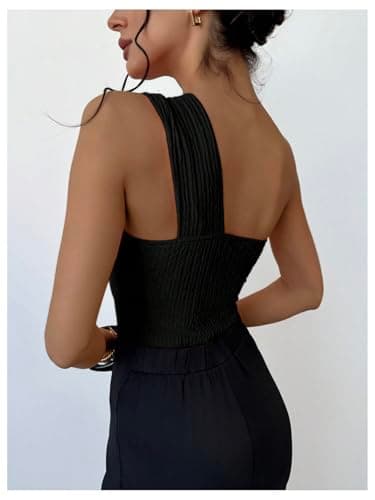 GORGLITTER Women's Twist Front One Shoulder Bodysuit Sleeveless Backless Asymmetrical Neck Tank Top Jumpsuits Black Small - Thumbnail 2