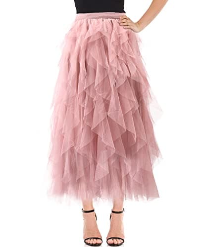 Women's Tulle Skirt A-Line High Low Asymmetrical 3 Layered Midi Length Elastic Waist Tutu Skirts - Image 1